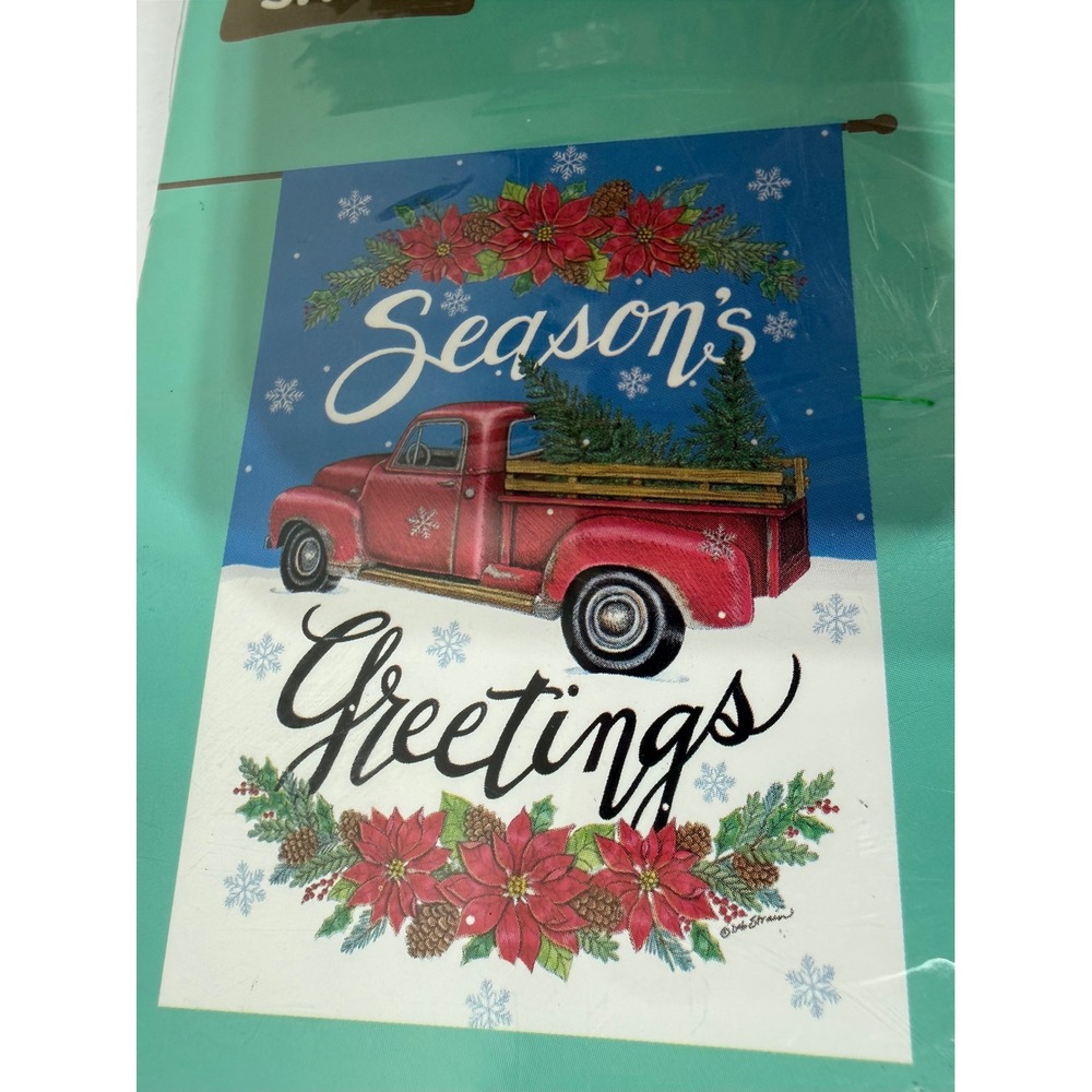 Rain or Shine Season's Greetings Red Truck Christmas Porch House Flag 28x40 NEW